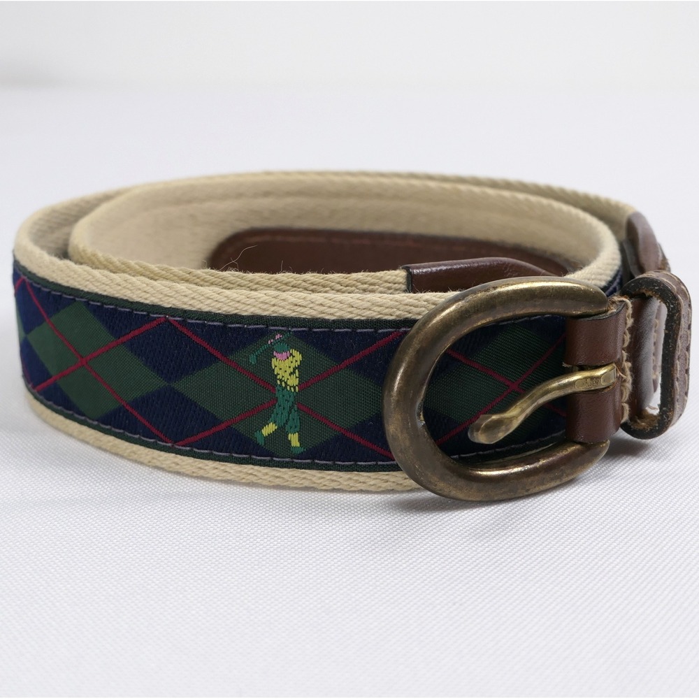 Brooks Brothers Mens 34 Golf Argyle Embroidered Canvas Leather Needlepoint Belt